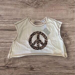 EE:SOME Cream Crop Tank with Leopard Peace Sign